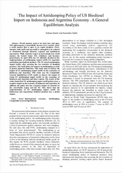 Dampak Kebijakan Anti-Dumping Impor Biodiesel Amerika pada Ekonomi Indonesia dan Argentina: Sebuah Analisis Keseimbangan Umum